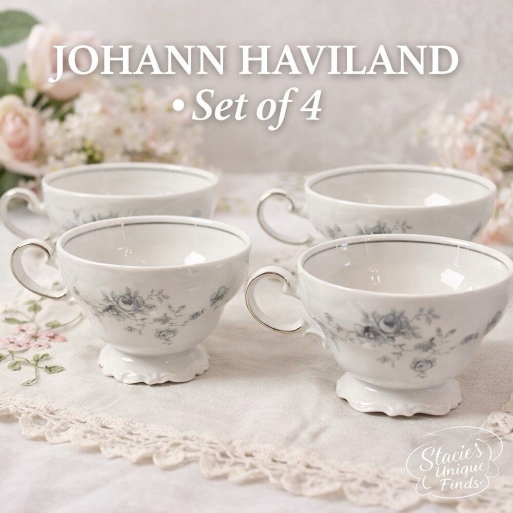 Johann Haviland Bavaria Tea Cups Set 4 Gray And Blue Floral Footed Germany